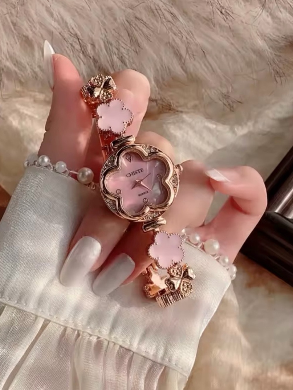 CHISTE Pink Clover Charm Bracelet Watch - Rose Gold Tone